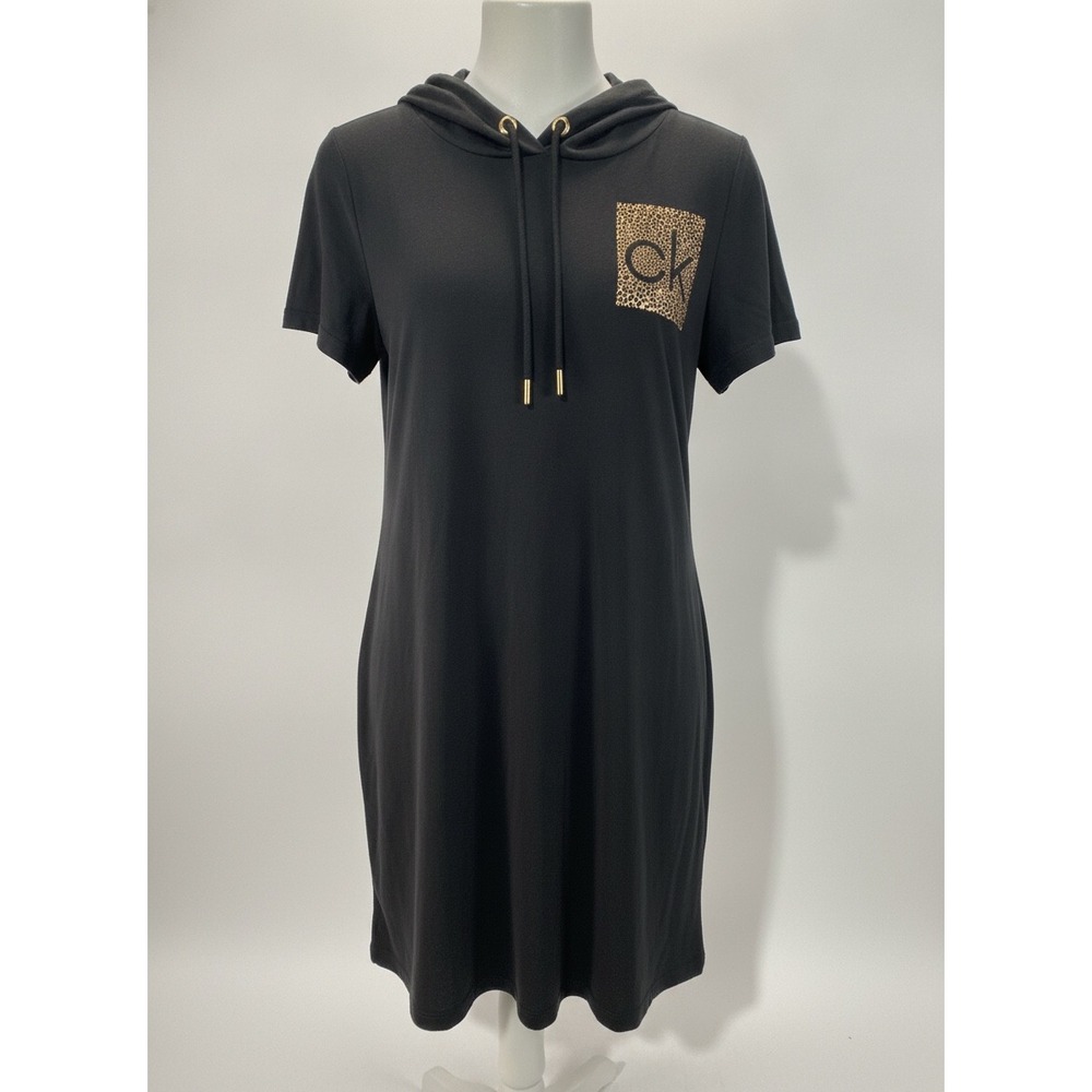Calvin Klein Womens Black Short Sleeve Hooded Dress Rhinestone CK Logo Large